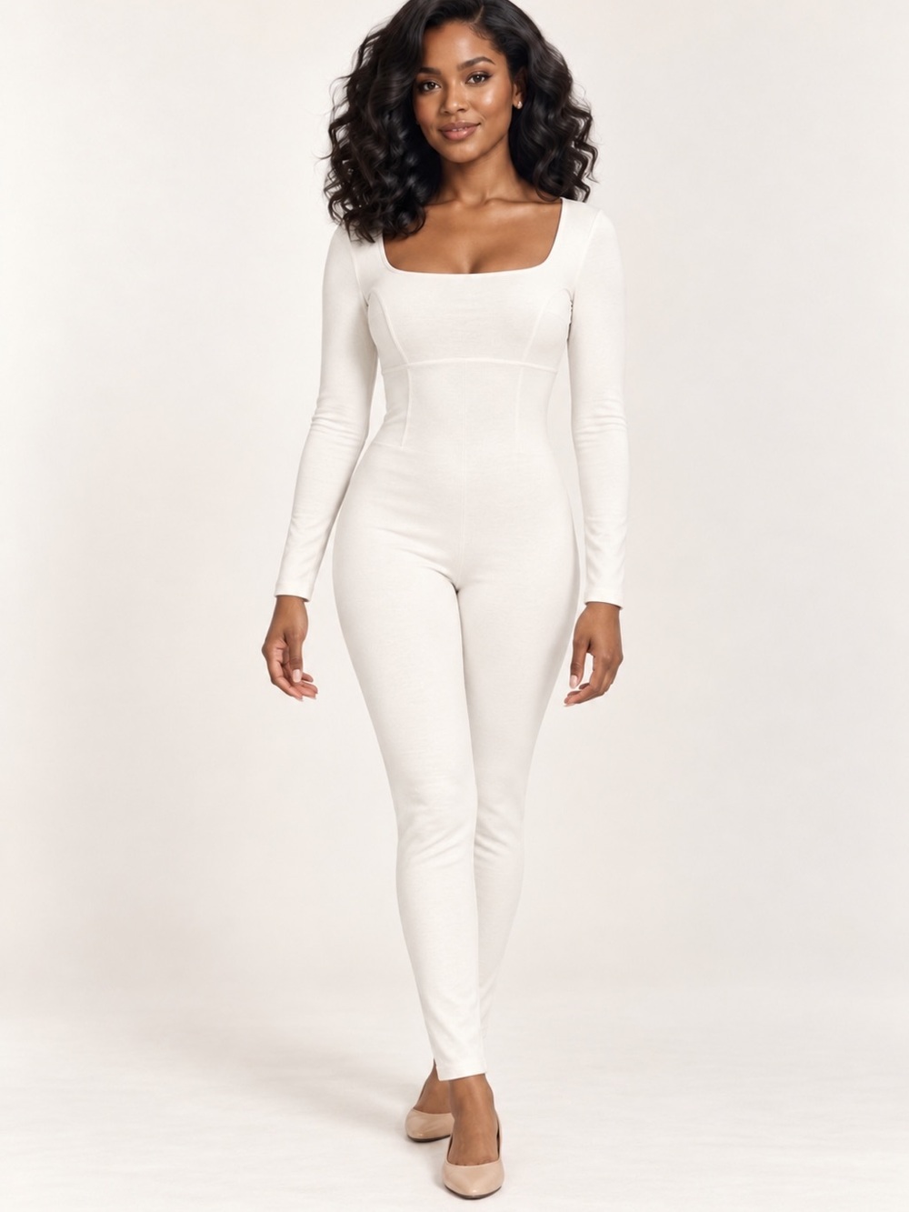 Xiamen Yangli White Soft Stretch Long Sleeve Catsuit | Jumpsuit Size Small